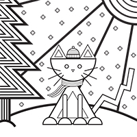 Winter-themed coloring page with a cat wearing a scarf