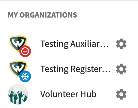 Screenshot of example organizations with status indicators. First organization is marked Inactive with the red circle with white dashed line; second organization is marked as Frozen with the blue circle with snowflake icon; third organization is Active since it has no indicator.