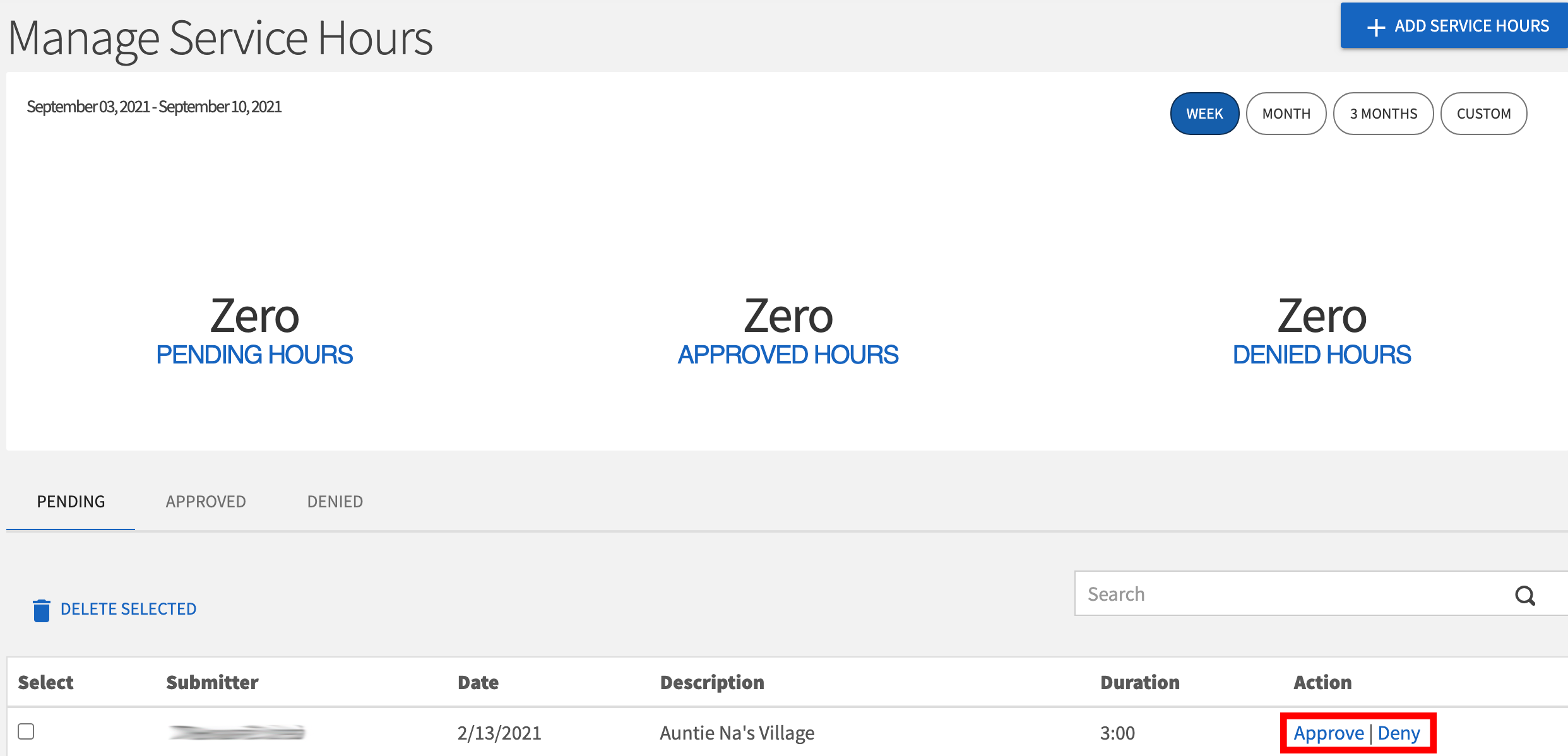Screenshot of service hour management page
