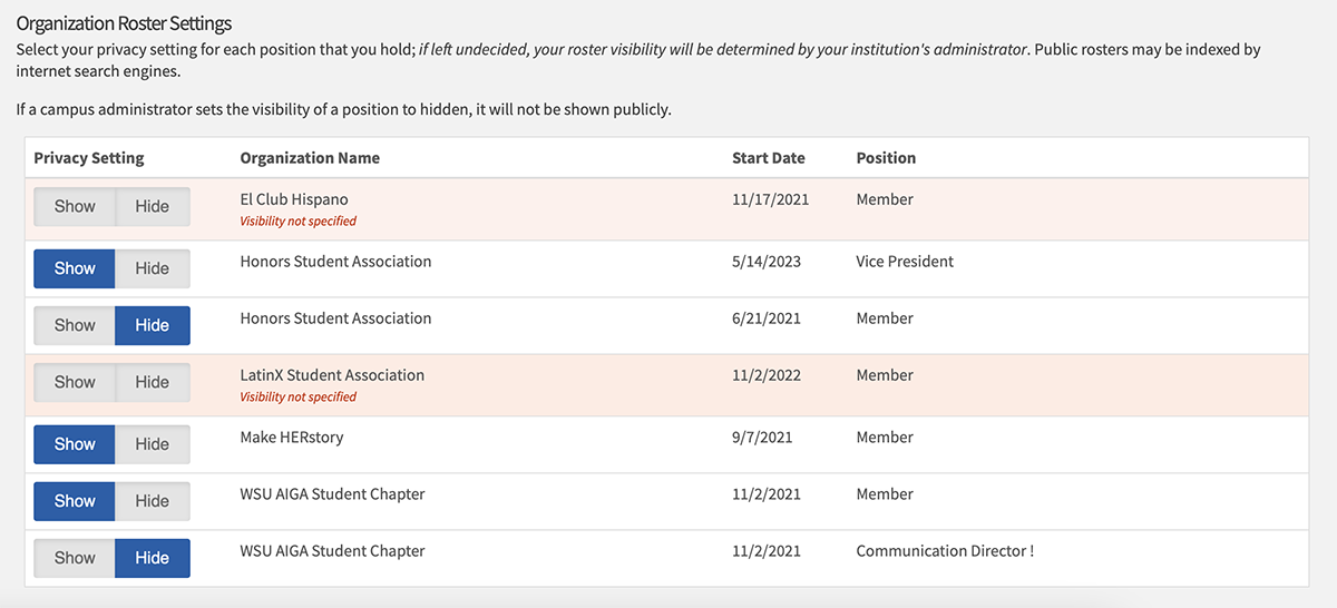 Sample view of the organization roster settings located in the profile navigation of the Get Involved platform