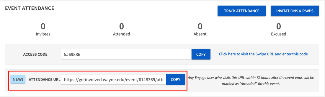 Image shows a screenshot of the Event Attendance section of an event in Get Involved. There is a red box highlighting the section for the event attendance URL.